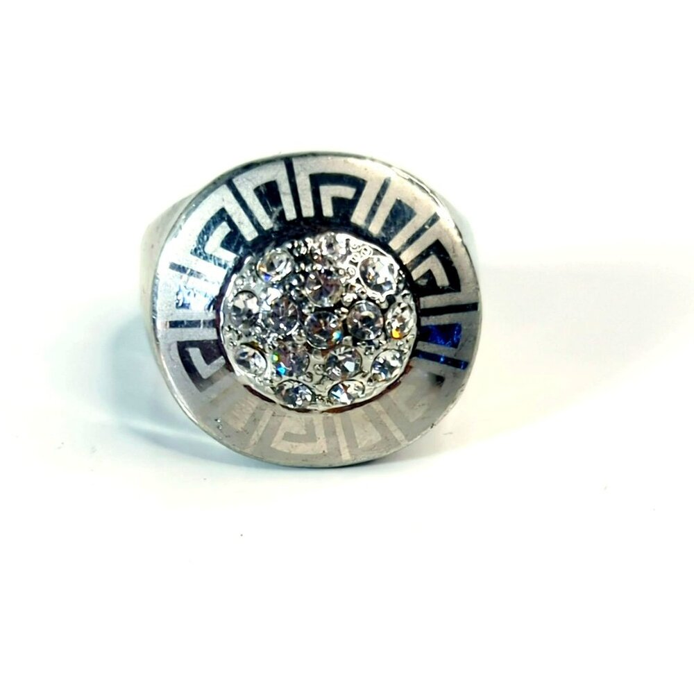 Vintage Silver Tone Elegant Ring with Greek Meander and Rhinestones Size 9
